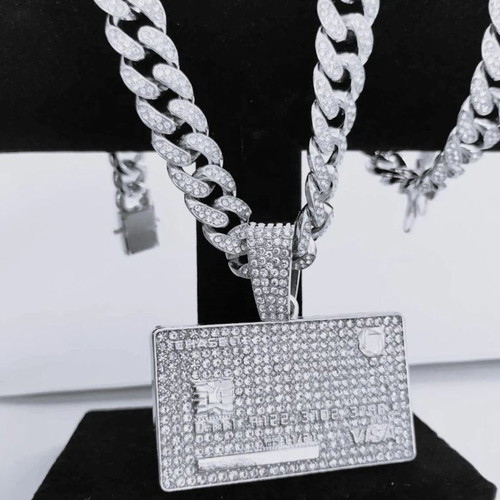 Bank Card Shape Pendant Necklace new, silver with zircon