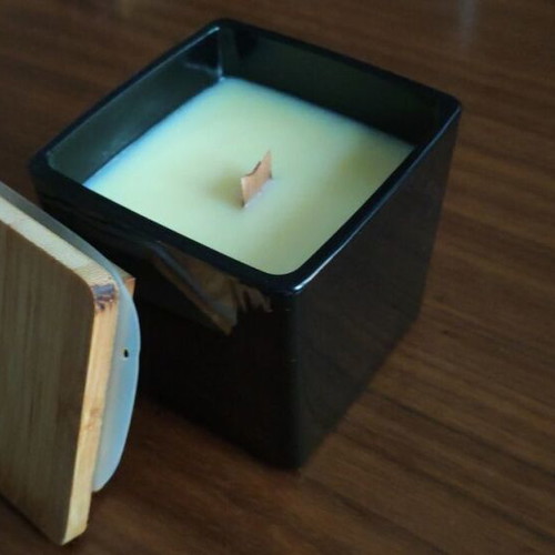 Handmade soy candle in glass container with wooden lid made to order