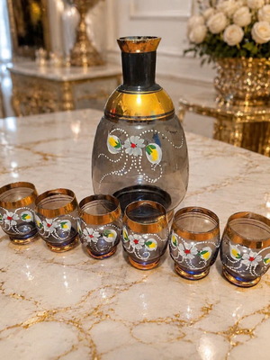 Vintage Bohemian Liqueur Set Carafe and 6 Glasses Hand-Painted