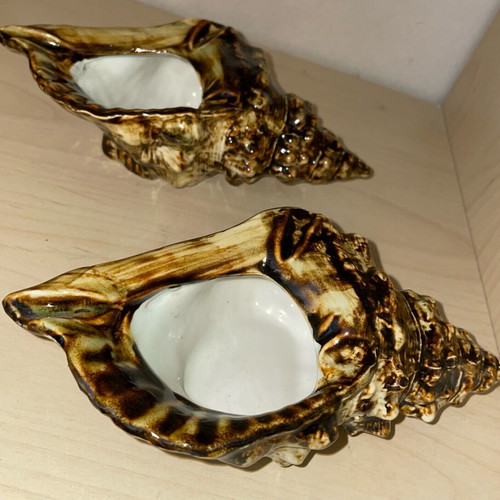 Japanese Ceramic Shells vintage pair with iridescent glaze