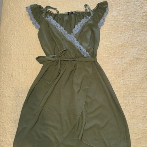 Khaki dress with wrap design and lace details, like new