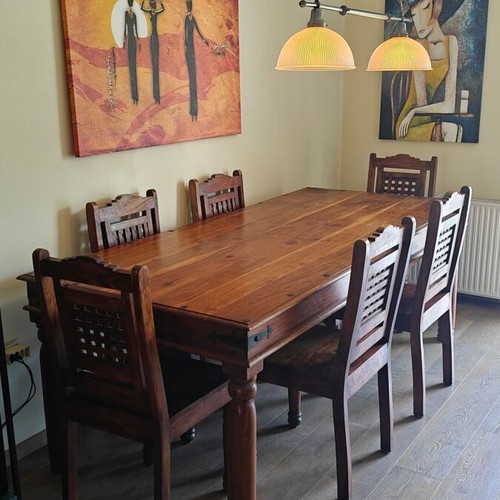 Indian Art Palace dining set, handmade solid wood with metal details