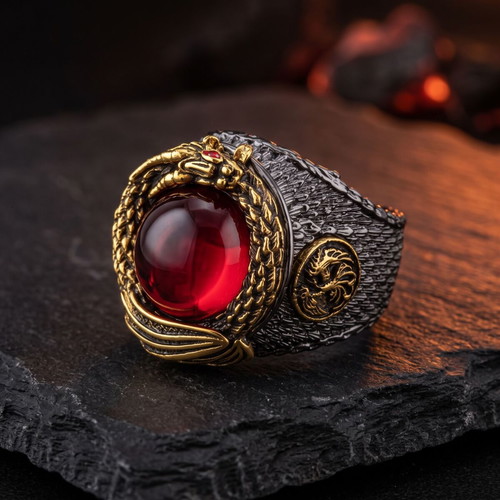 Blood Dragon's Eye Gothic men's ring, bronze with red stone and dragon relief