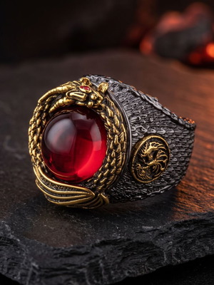 Blood Dragon's Eye Gothic men's ring, bronze with red stone and dragon relief