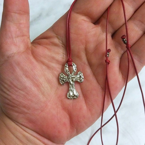 Men's pendant with Byzantine metal cross, red cord