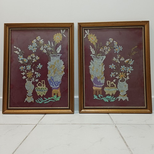 Antisymmetric embroidered paintings used, set of two