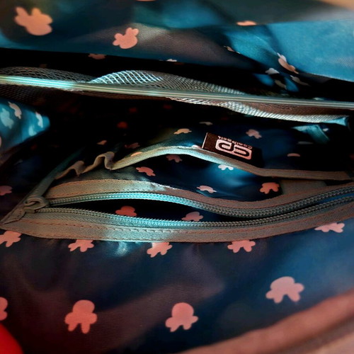 Disney ergonomic backpack used, pink with multiple compartments