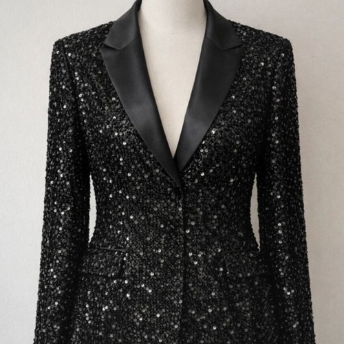 Sequin tuxedo blazer with satin trim, black, size L