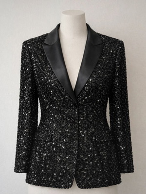 Sequin tuxedo blazer with satin trim, black, size L