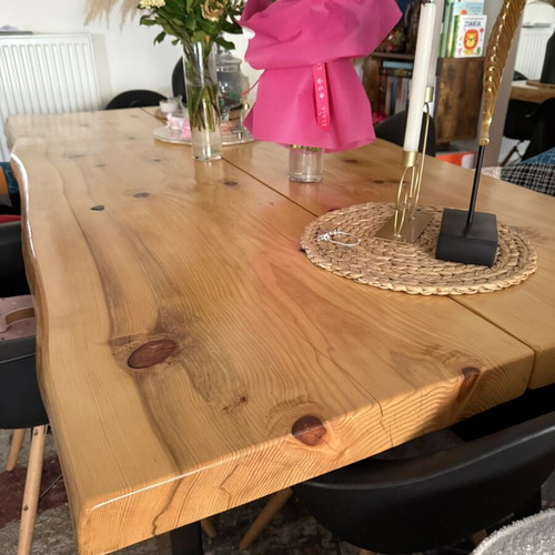 Solid pine wood dining table and coffee table set with metal legs