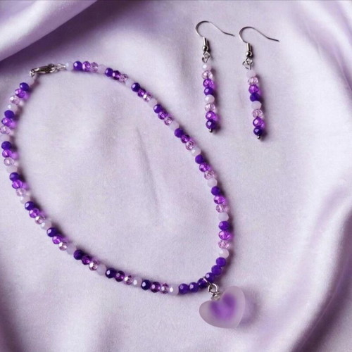 Handmade purple crystal elegant necklace and earrings set