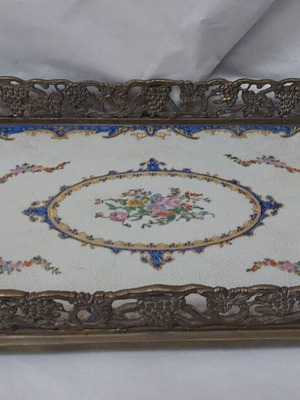 Vintage rectangular tray new, crackled porcelain with bronze border