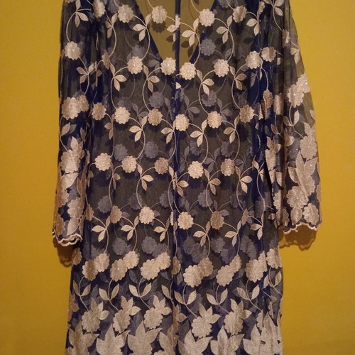 Dress kimono dark blue with gold beige floral embroidery and strass new L/XL