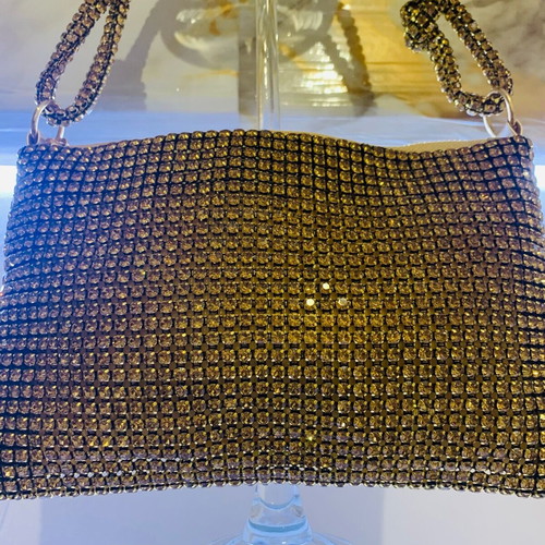 Evening shoulder bag new, gold with rhinestones