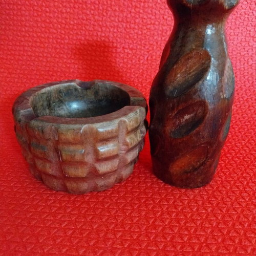 Rustic wooden decorations used, set ashtray and vase