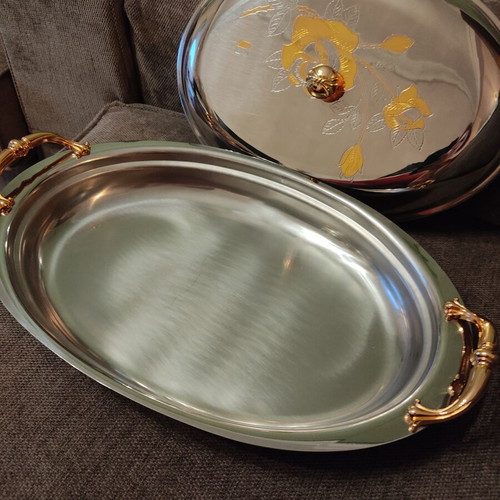 Stainless Steel Serving Platter with Lid used, vintage 90s gold details