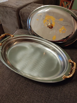 Stainless Steel Serving Platter with Lid used, vintage 90s gold details