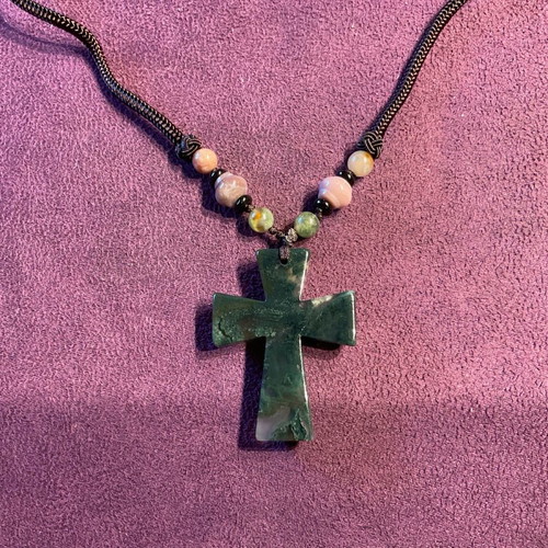 Cross made of genuine moss agate stone new