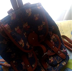 Γυναικεία τσάντα Backpack, καφέ κι μπλε με σχέδια κουκουβάγιες
