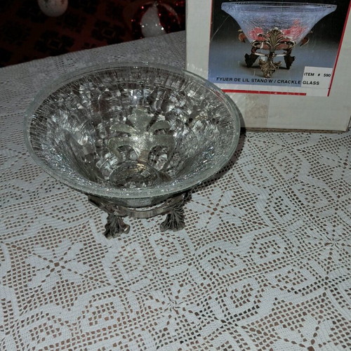 Decorative bowl with crackle glass and metal base, new