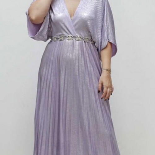 Purple Lilac Pleated Long Dress M/L metallic new