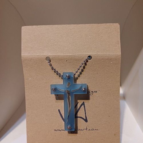 Two-sided cross blue and transparent made of recycled plexiglass with chain