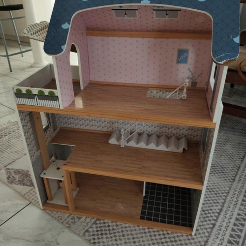 Wooden dollhouse used, 3 levels with stairs and decoration