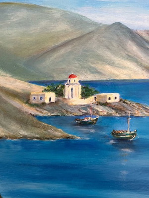 Oil painting used by Konstantinos Kevgas with Symi landscape, 60x50 cm