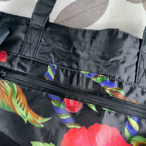 Women's large shoulder bag used, black with flowers