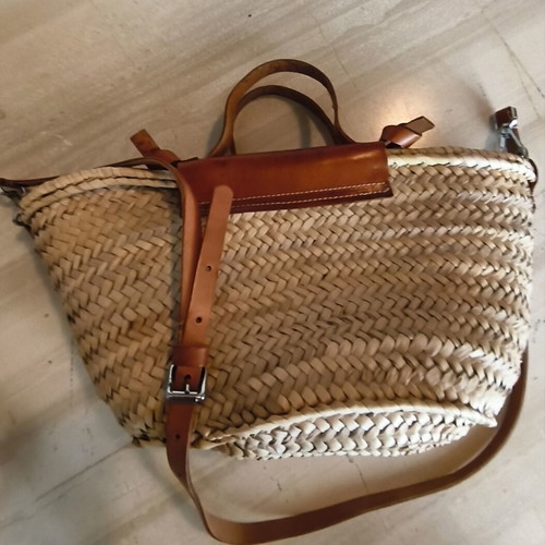Mango straw shoulder and crossbody bag with leather details