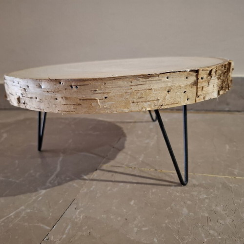 Handmade low stand serving platter with natural wood slice and metal hairpin legs