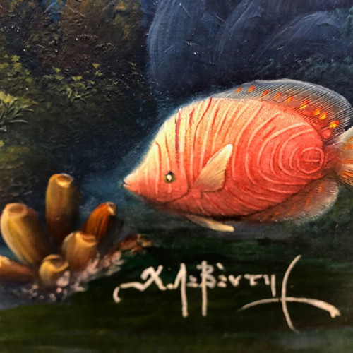 Canvas painting "Βυθος με τροπικα ψαρια" like new with wooden frame 83x108 cm