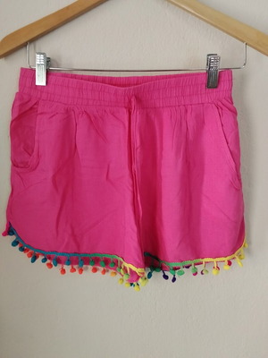Fuchsia women's shorts with colorful pom poms, like new