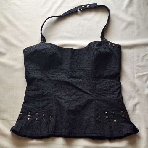 Karen Millen Vintage Y2K Small Black Broderie Anglaise Corset Halter Top like new