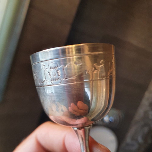 Silver-plated liqueur glasses used, set of 6, 1970s with nice pattern