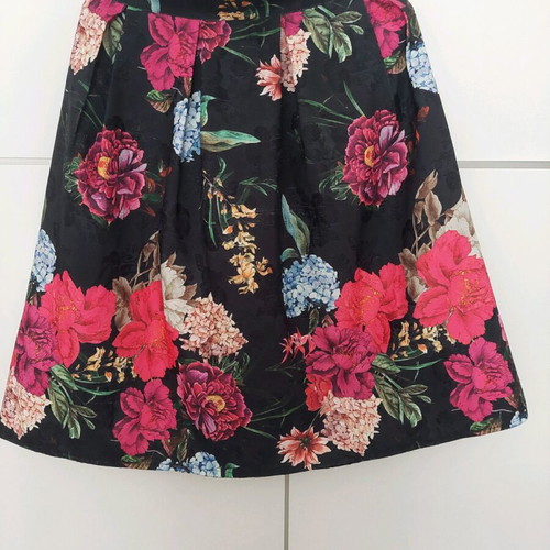 Midi skirt embossed floral A-line like new, black multicolor
