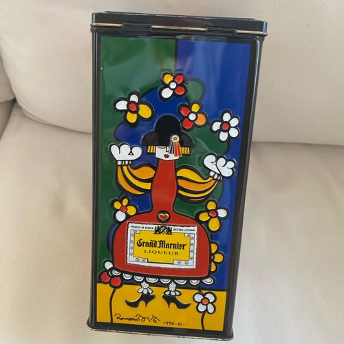 Grand Marnier tin container used, vintage with paintings