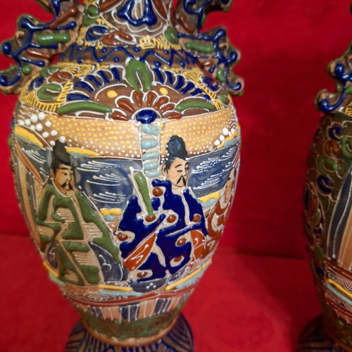 Satsuma vases used, set of 2, Japan, antique with minor rim damage