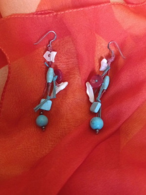 Boho summer earrings used, turquoise and red thread with buttons