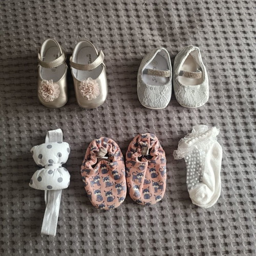 Mayoral gold baby shoes size 17, Iq Kids silver strass shoes size 16, Poco Nido pink baby shoes size 17, Mayoral socks and headband gift set