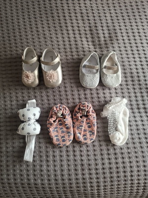 Mayoral gold baby shoes size 17, Iq Kids silver strass shoes size 16, Poco Nido pink baby shoes size 17, Mayoral socks and headband gift set