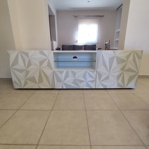 Modern TV stand with geometric design, white and grey
