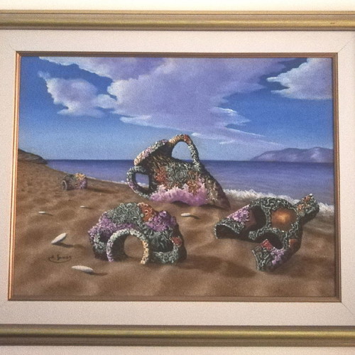Antonis Xinos painting used, mixed media on canvas, beach