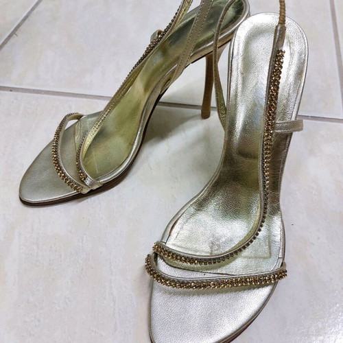 PanConi vintage gold leather sandals used, size 38, 10 cm heel