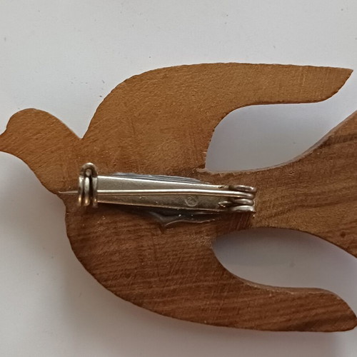 Vintage handmade dove brooch, olive wood