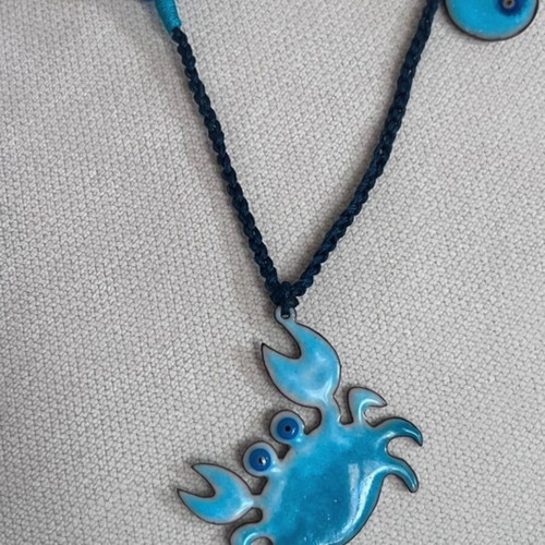 Handcrafted enamel crab pendant necklace with fixed cord, new