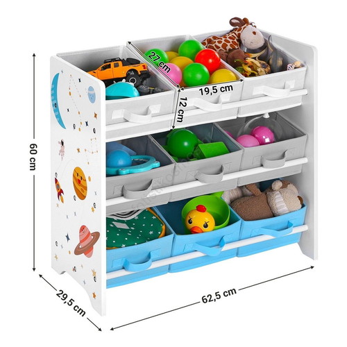 Children's storage shelf used with fabric bins and planet motifs