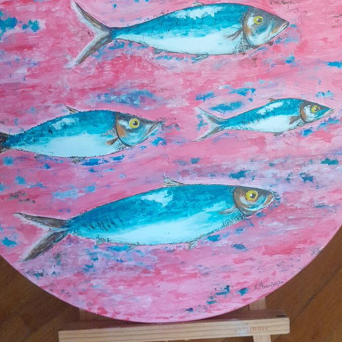 Handmade painting on driftwood new, 38 cm diameter