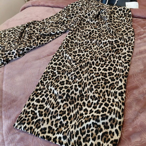 Leopard Print Wide Leg Pants with Belt One Size New