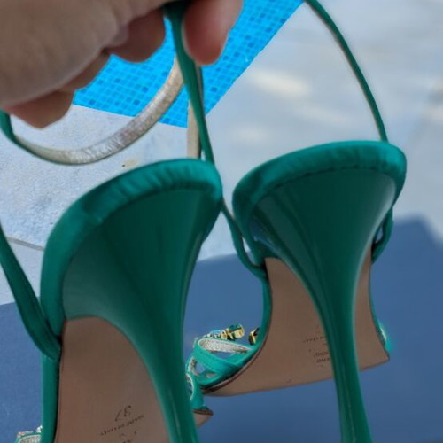 Marilena Emerald Green Satin and Leather Heeled Sandals like new, size 37